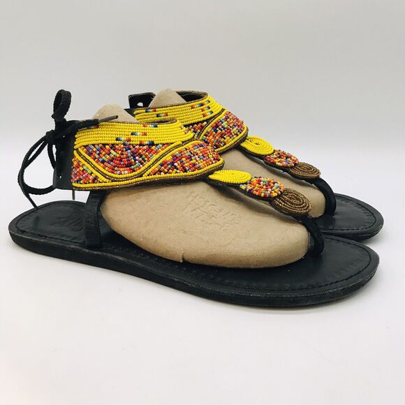 African Maasai Handcrafted Beaded Sandals Women's 9 Black Genuine Leather Kenya - Picture 4 of 9
